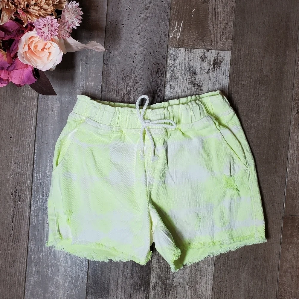 Justice Yellow and White Tie-Dye Elasticized Waistband Denim Shorts Size 12 NWOT
